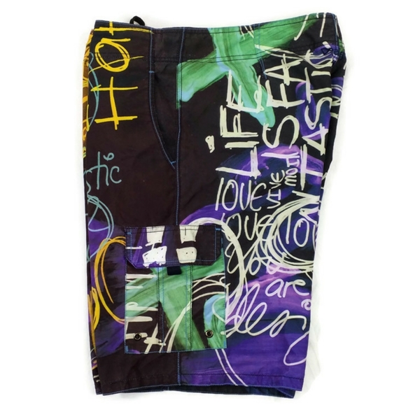 VTG Desigual Multicolor Graffiti Print Mesh Lined Long Length Swim Trunk Mens XL - Picture 5 of 16